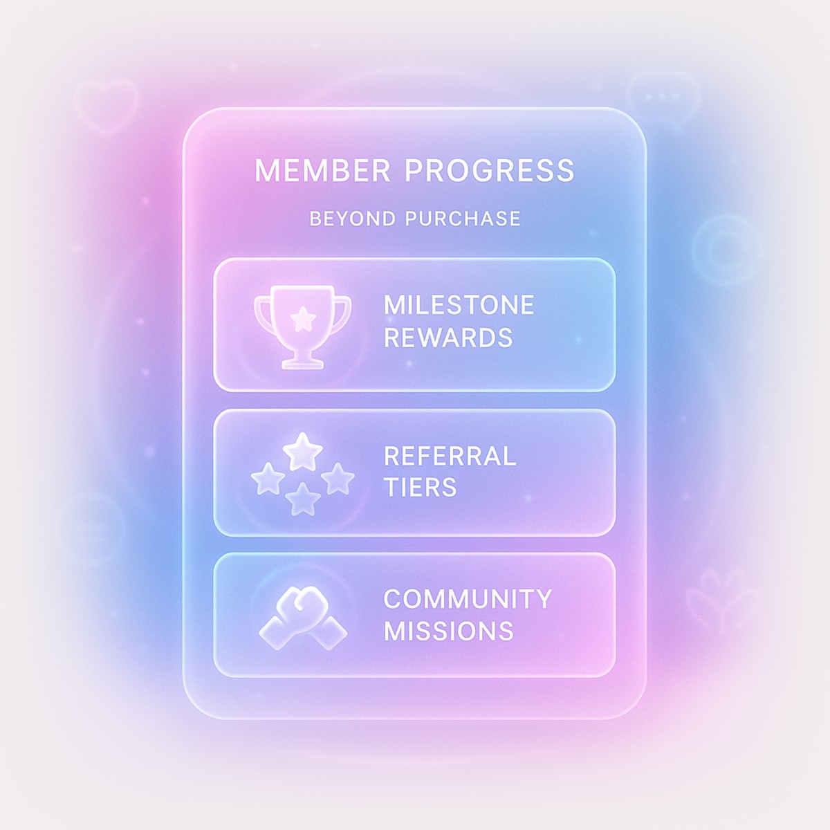 Interface showing milestone rewards, referral tiers, and community missions, representing Quboid’s health and wellness loyalty features for deeper member engagement.