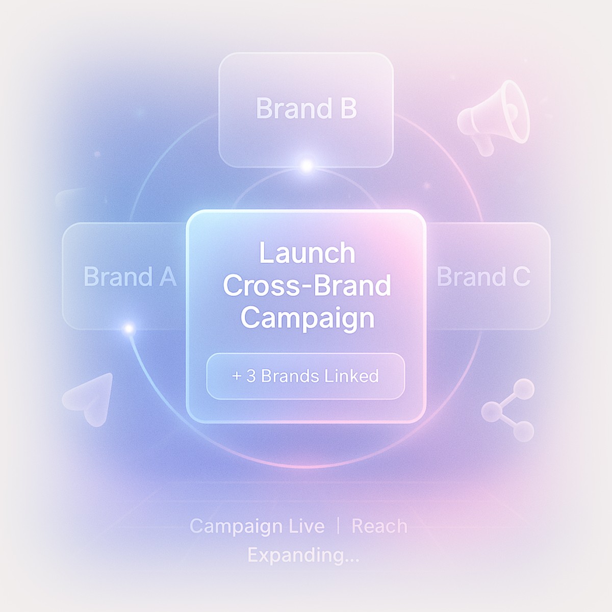 Interface showing connected brands with a central ‘Launch Cross-Brand Campaign’ button, representing Quboid’s co-marketing and partnership campaign tools.