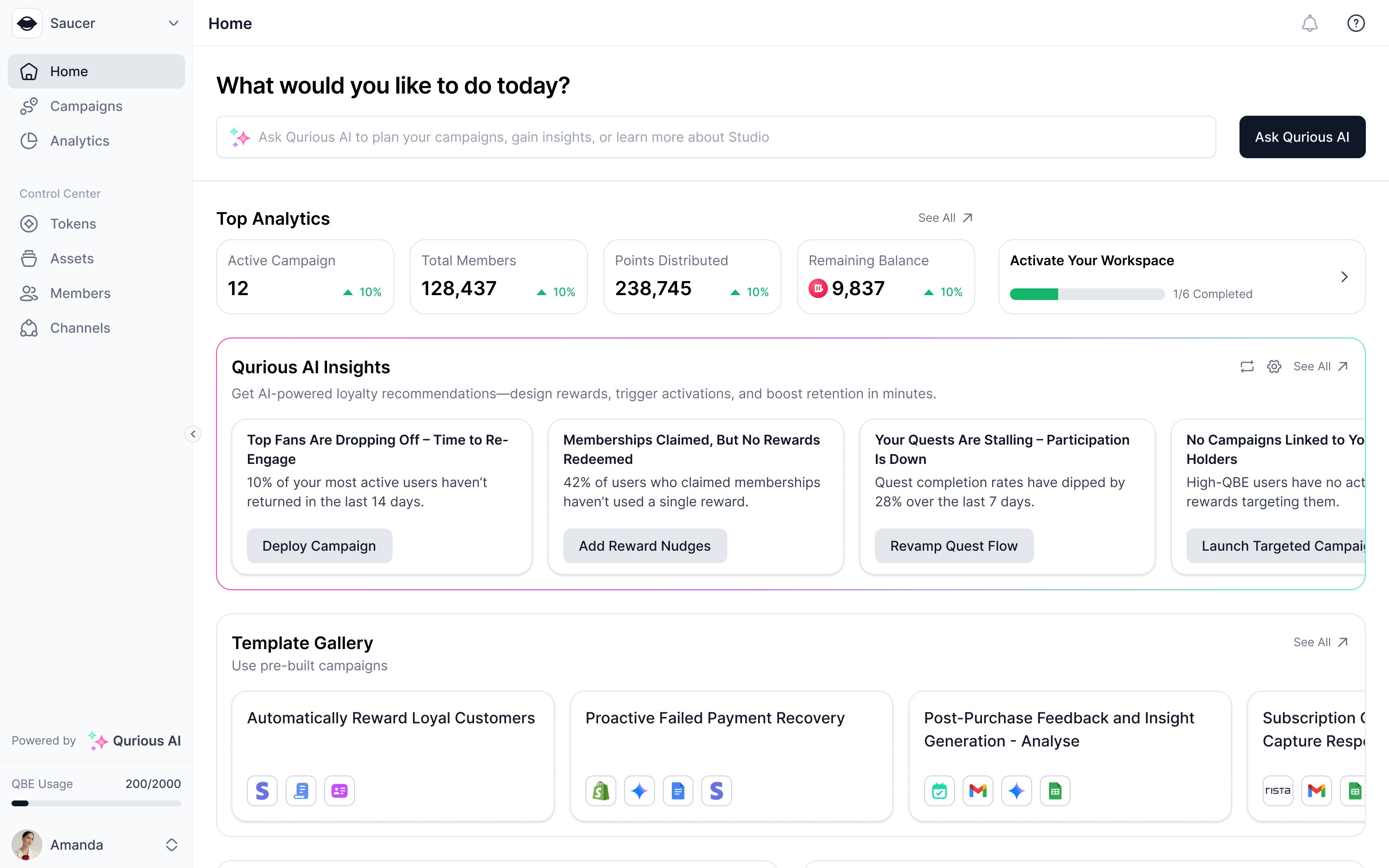 Quboid Studio dashboard showing active campaigns, member statistics, Qurious AI insights with suggested actions, and a template gallery for automated campaigns.