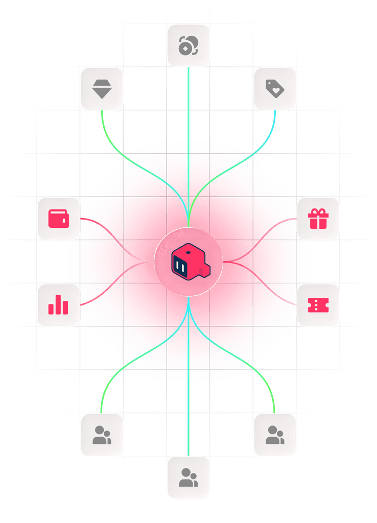 Central token icon connected to various utility icons, representing Quboid’s token exchange for interoperable loyalty points across brands.