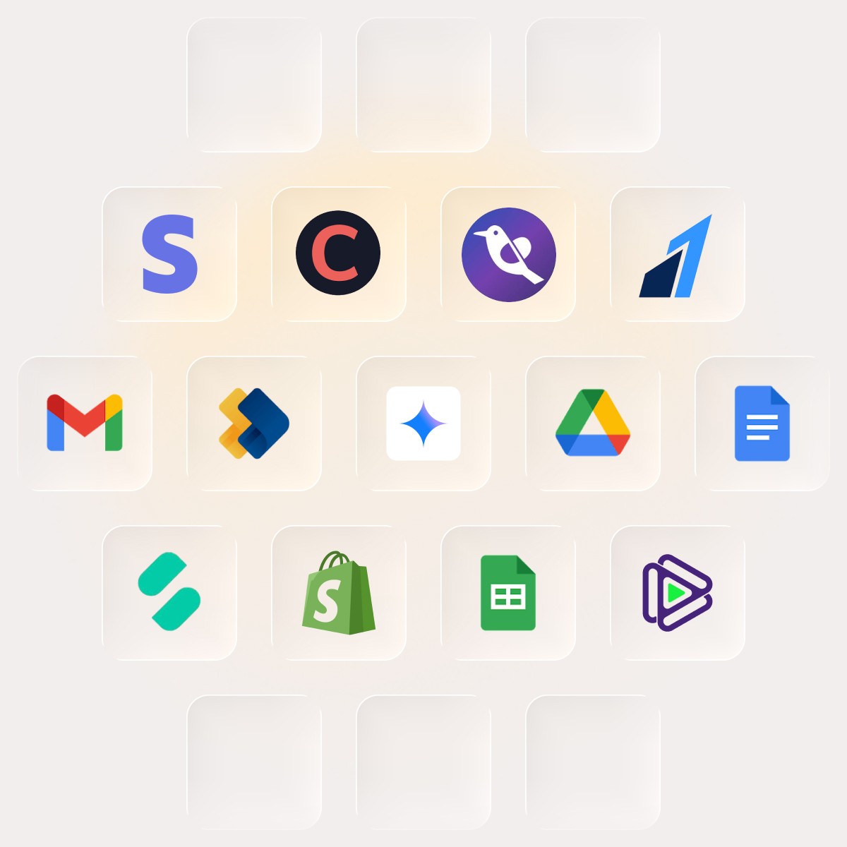 Grid of app icons including Stripe, Shopify, Gmail, HubSpot, Salesforce, and others, representing Quboid’s expanding app ecosystem.