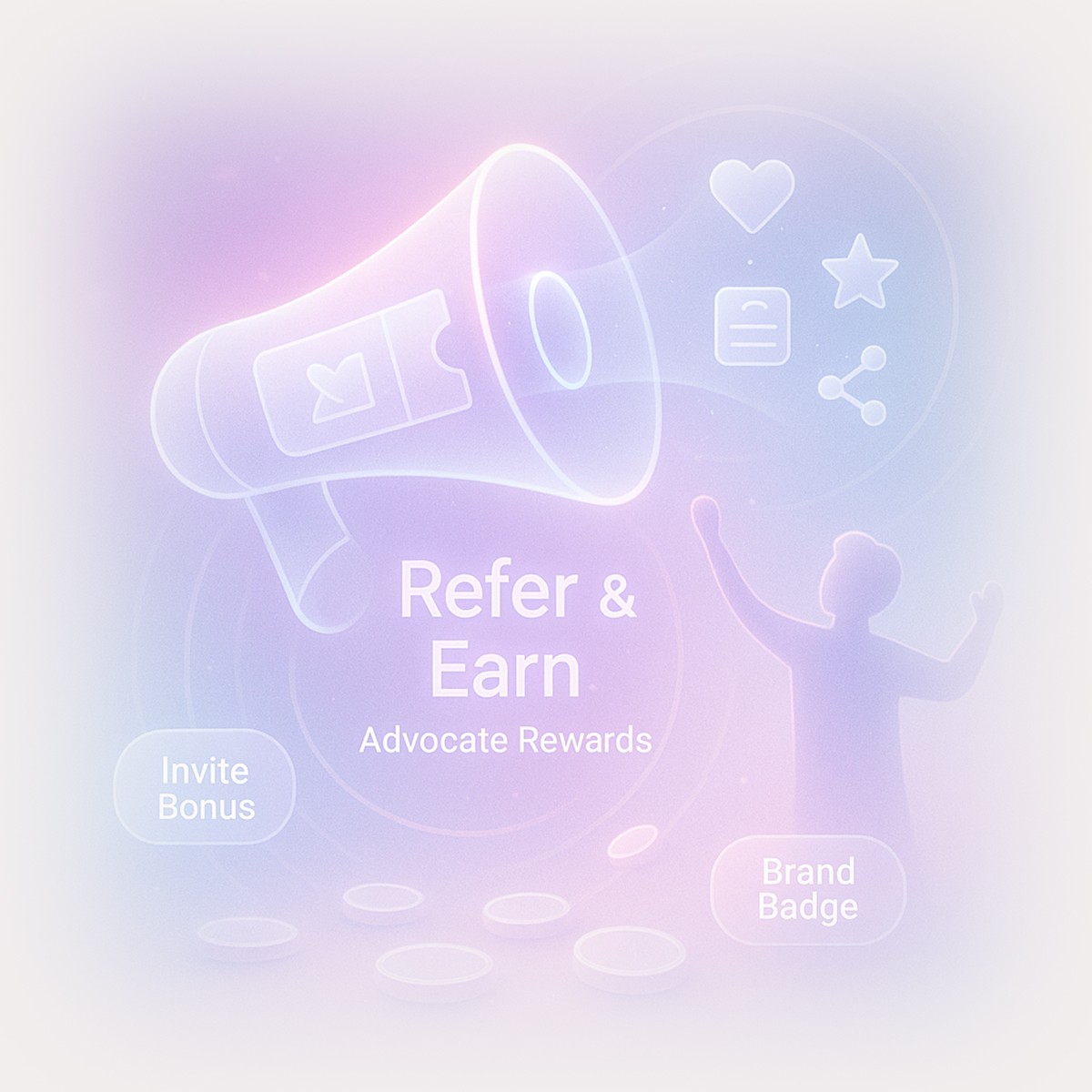 Silhouette of a person next to a glowing megaphone with ‘Refer & Earn’ text, representing Quboid’s referral and advocacy rewards program.