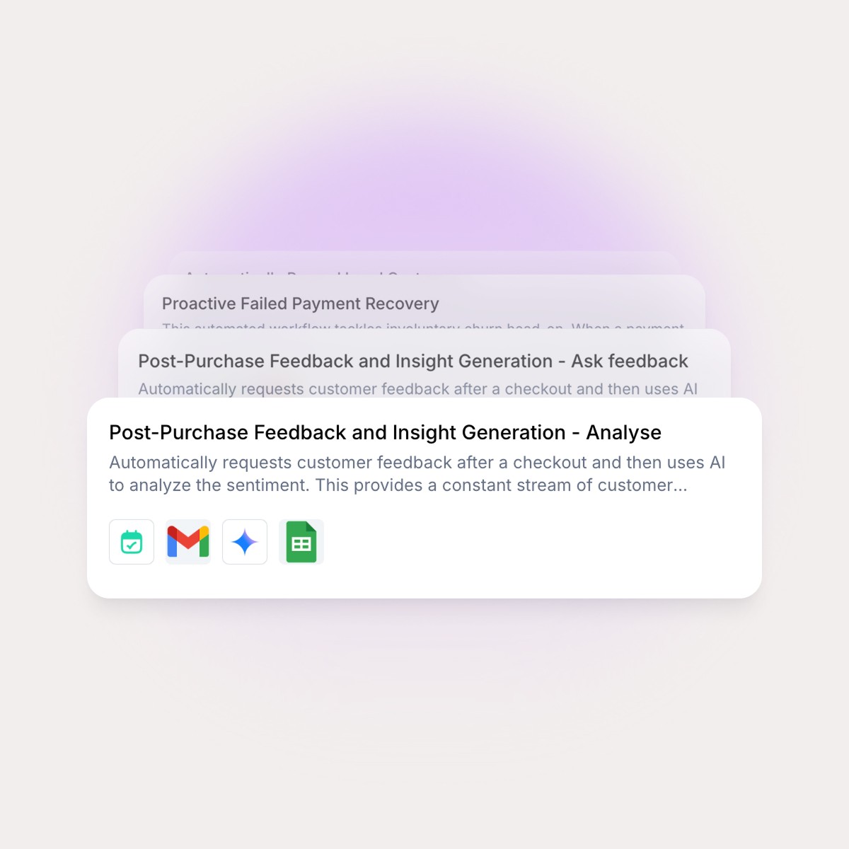 Stacked campaign cards highlighting a post-purchase feedback and insight generation workflow, representing Quboid’s battle-tested campaign library.