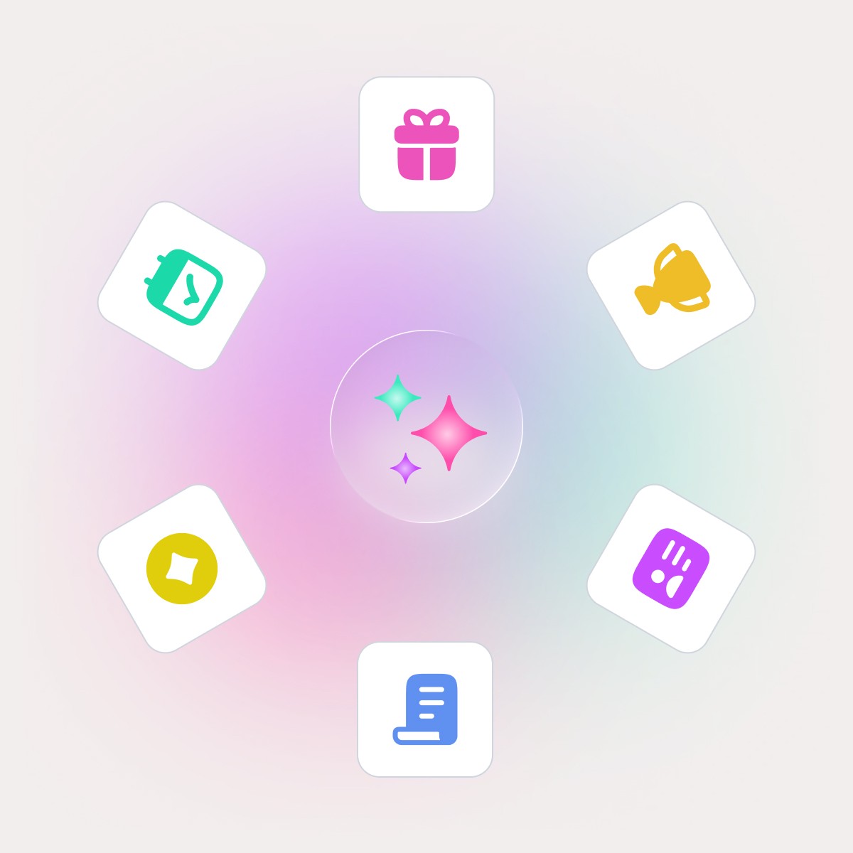 Central Qurious AI icon surrounded by loyalty-related feature icons, representing deep integration of Quboid’s AI with Studio, Tokens, and Brand Sphere.