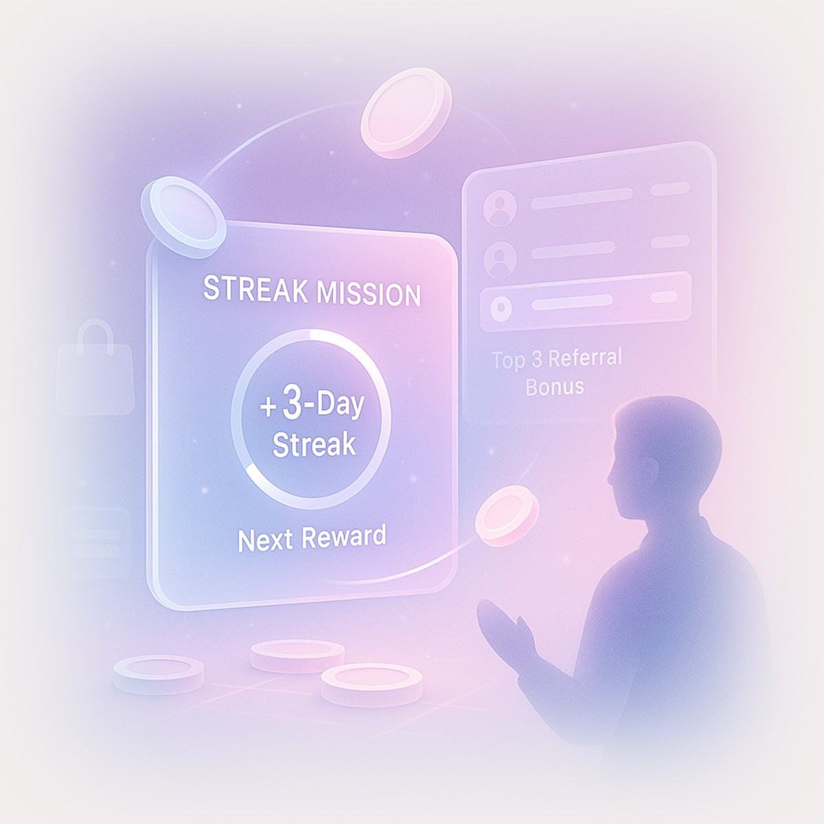 Silhouette of a person viewing a glowing ‘Streak Mission’ reward screen, representing Quboid’s e-commerce and retail loyalty features for boosting repeat purchases.