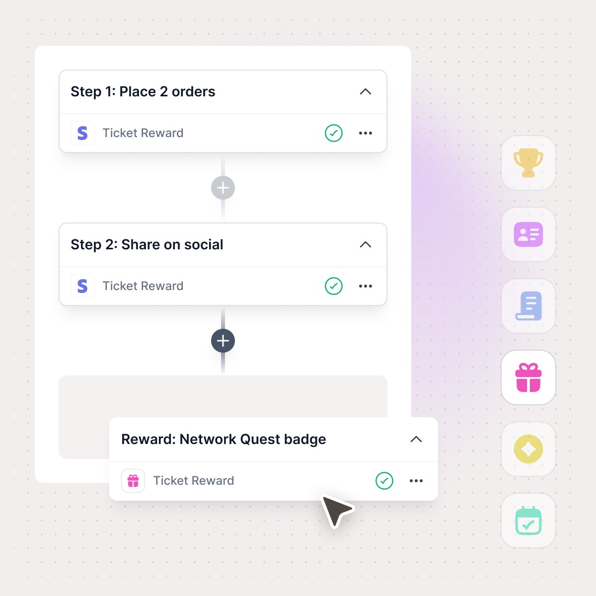 Workflow diagram showing steps to place orders, share on social, and earn a Network Quest badge, illustrating Quboid’s intelligent reward orchestration.