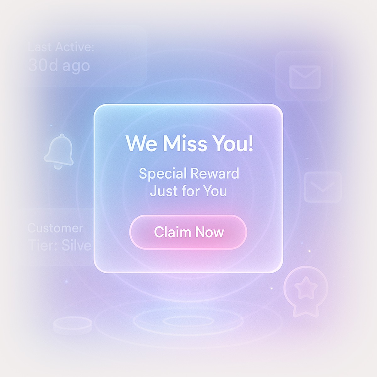 Glowing notification reading ‘We Miss You! Special Reward Just for You,’ representing Quboid’s tailored incentives to reactivate dormant customers.