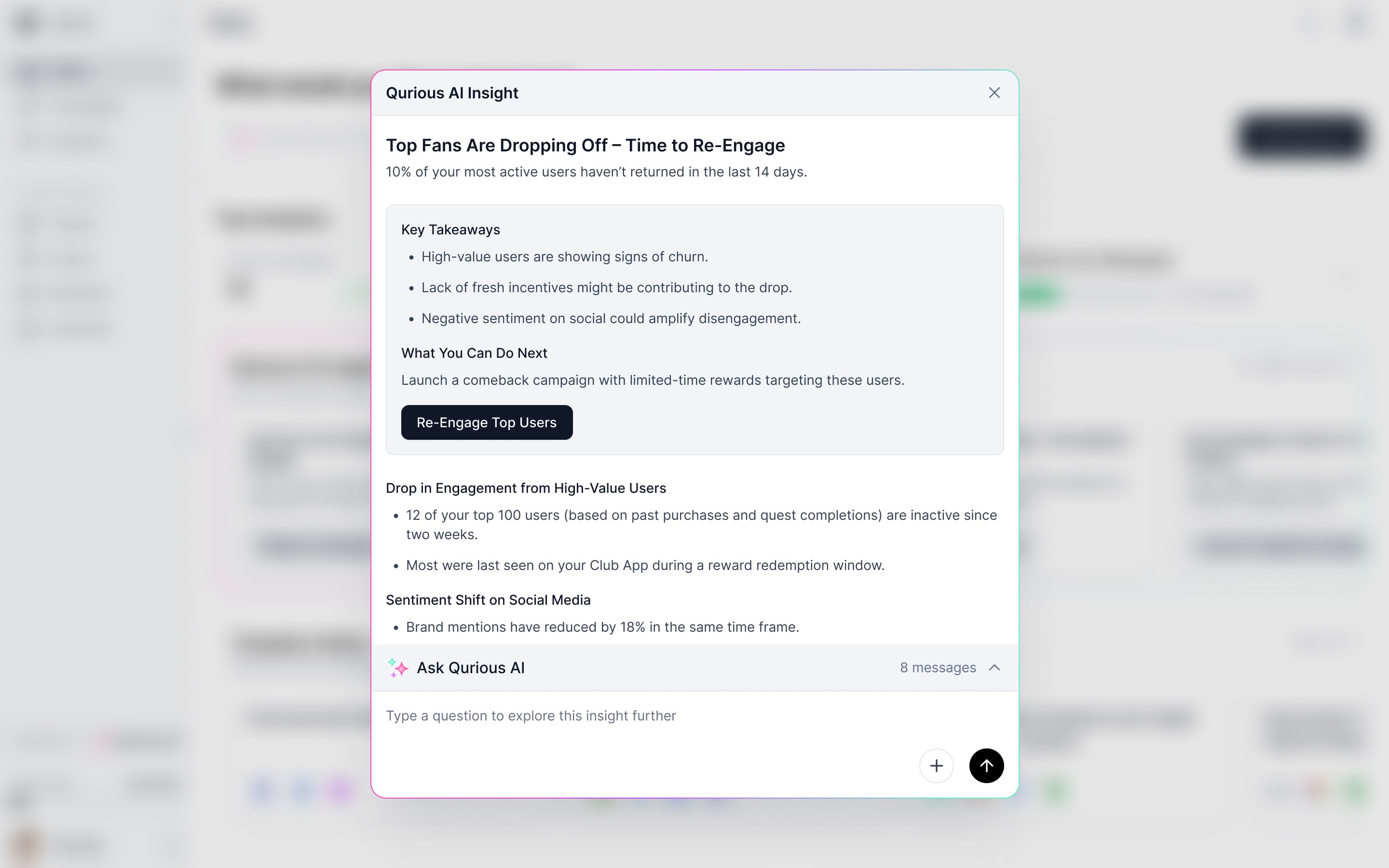 Qurious AI insight panel highlighting a drop in engagement from top fans, with key takeaways, recommended actions, and a call-to-action to re-engage high-value users.