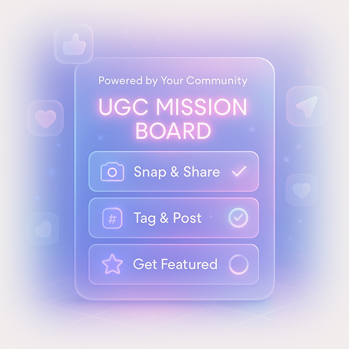 UGC mission board with actions like ‘Snap & Share,’ ‘Tag & Post,’ and ‘Get Featured,’ representing Quboid’s tools to boost user-generated content.