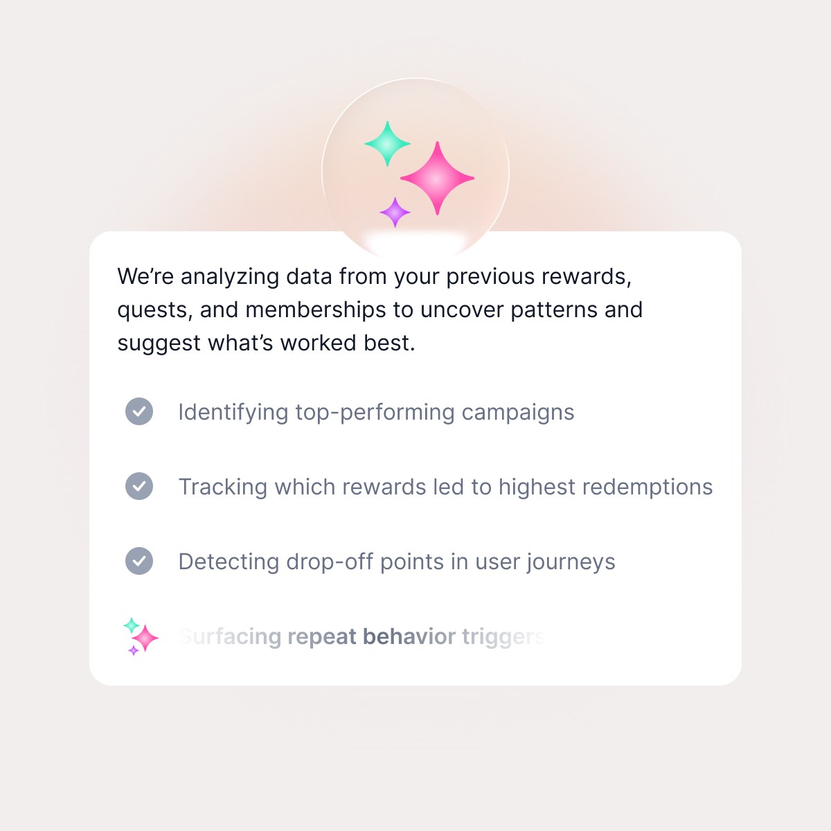 Checklist showing campaign analysis tasks like identifying top performers, tracking reward redemptions, and detecting drop-off points, representing Quboid’s continuous learning engine.