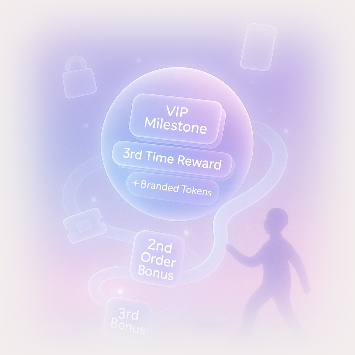 Silhouette of a person walking along a path of reward milestones, representing Quboid’s automated personalized rewards to increase repeat purchases.