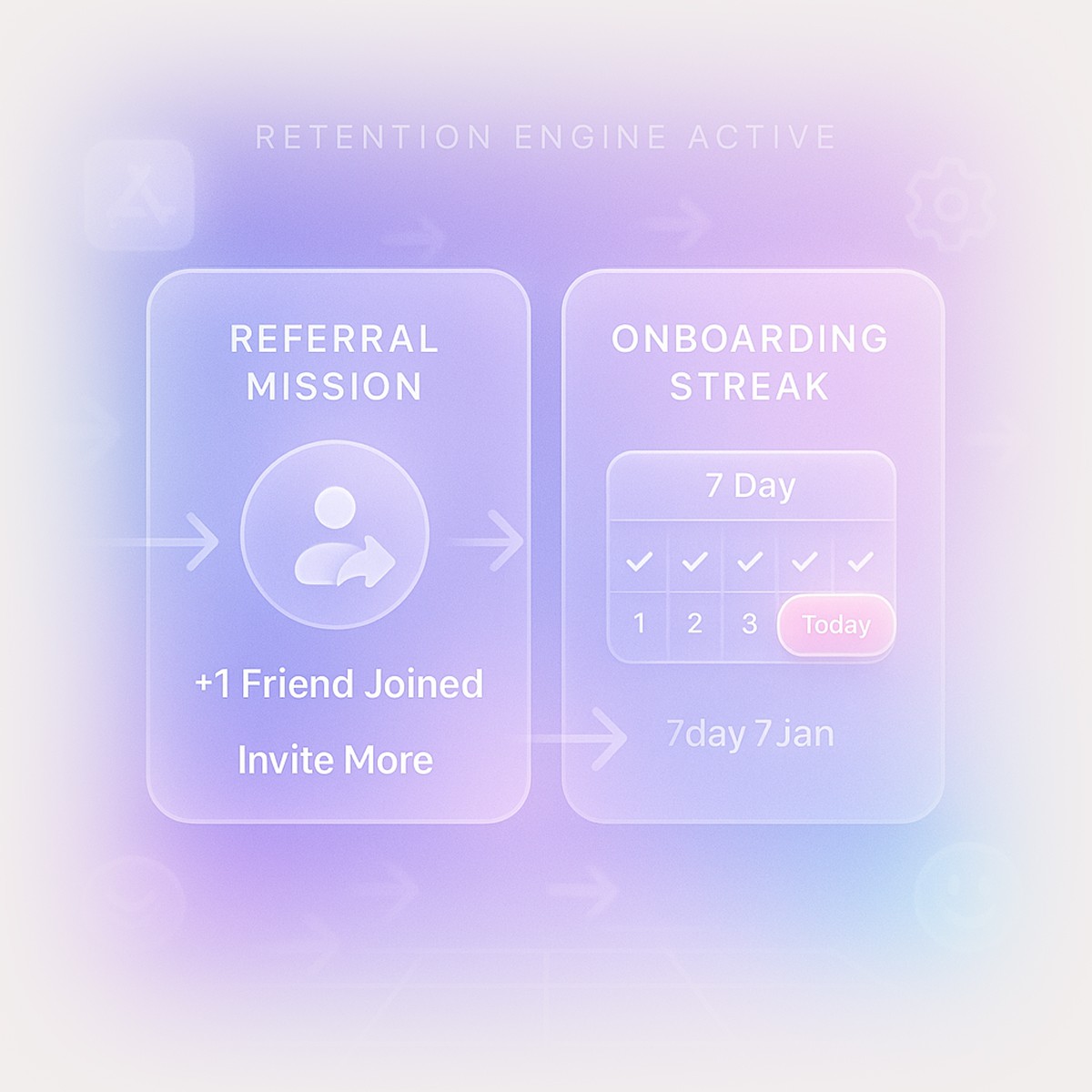 Interface showing a referral mission and a 7-day onboarding streak, representing Quboid’s consumer tech features for boosting app engagement and retention.