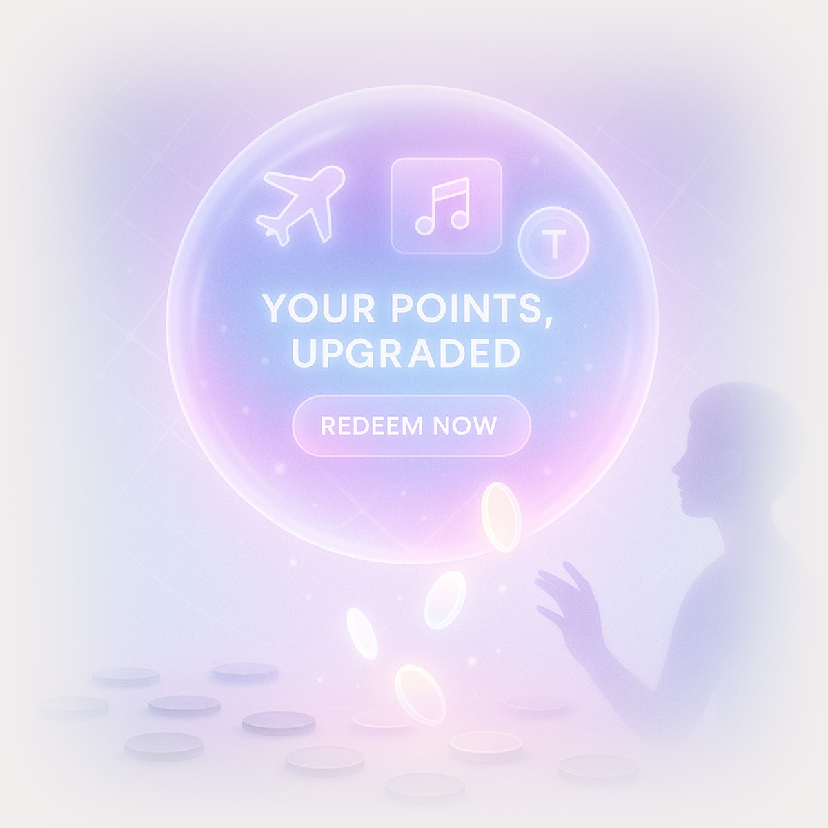 Silhouette of a person interacting with a glowing sphere labeled ‘Your Points, Upgraded,’ representing Quboid’s tokenized rewards redemption system.