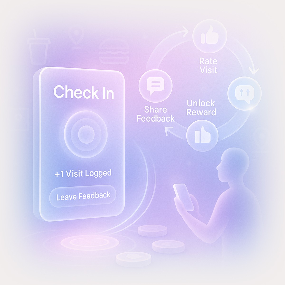 Silhouette of a person checking in on a glowing interface with visit logging and feedback options, representing Quboid’s food and beverage loyalty features.