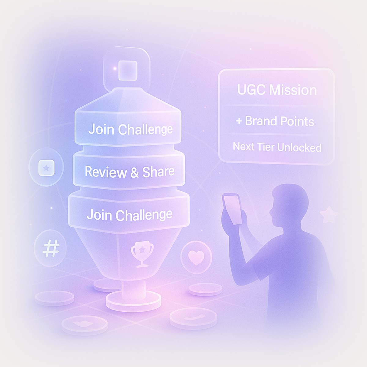 Silhouette of a person holding a phone beside a glowing UGC mission interface with challenges and rewards, representing Quboid’s gamified engagement for CPG and FMCG brands.