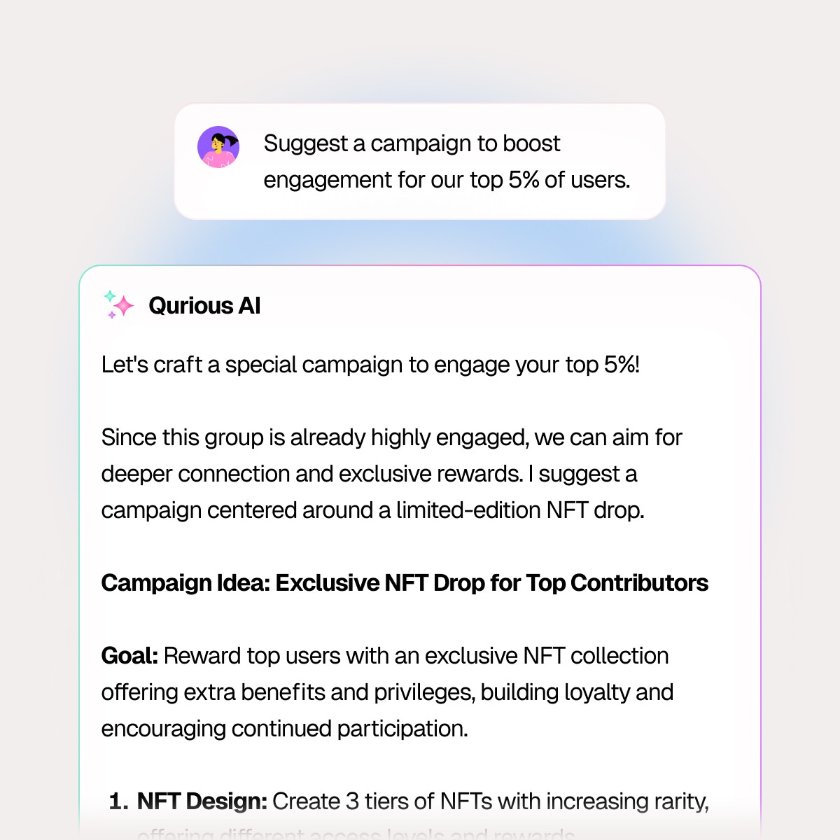 Qurious AI interface suggesting an exclusive NFT drop campaign to engage the top 5% of users, illustrating the Design Agent’s data-driven program planning.